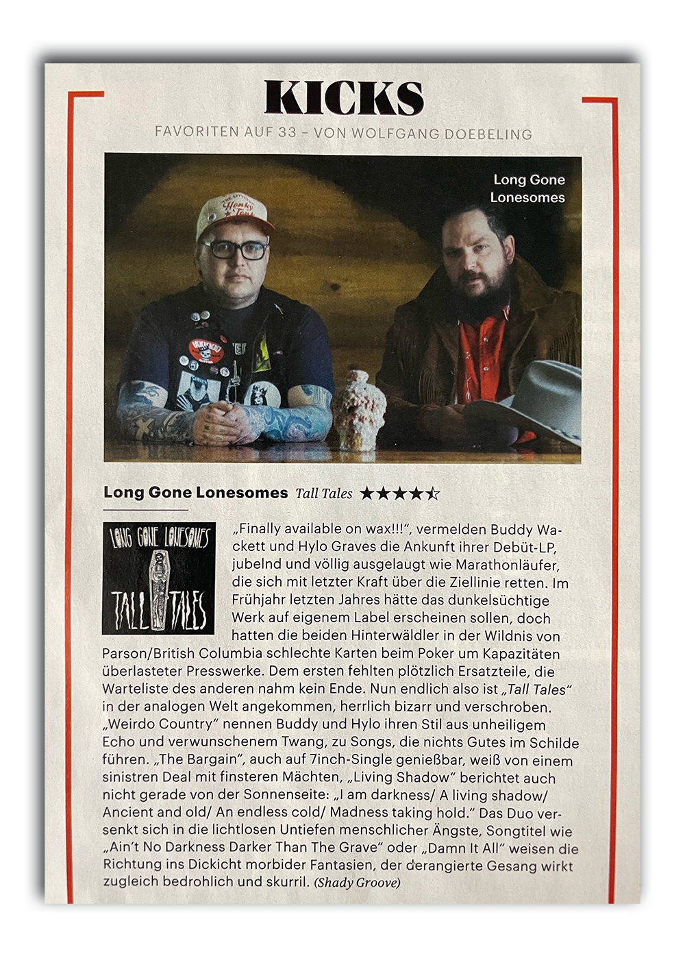 Kicks review of Long Gone Lonesomes in Rolling Stone Magazine.